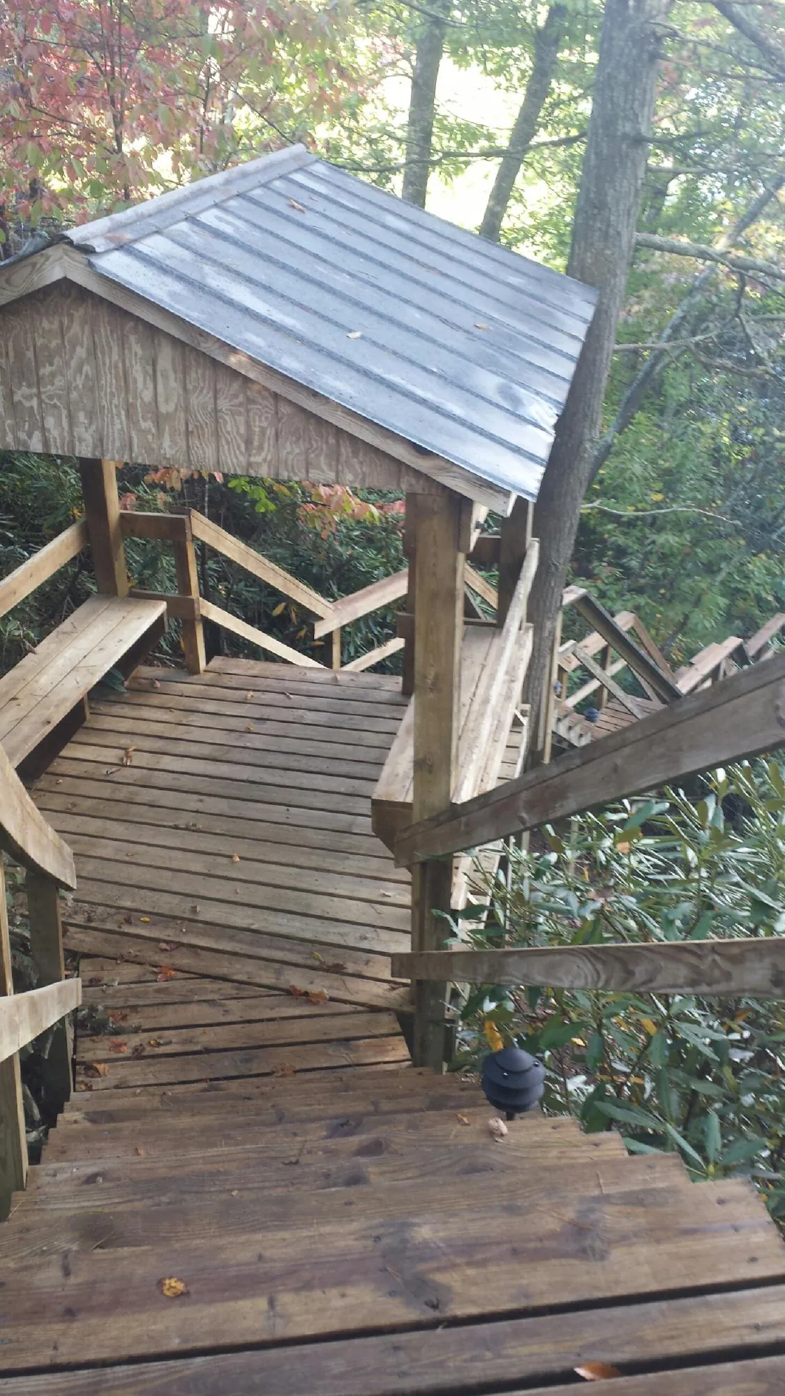Metal roofed shelter over wooden steps on a wooded walkway — Skylight Repair & Installation work by our crew in Waltersburg
